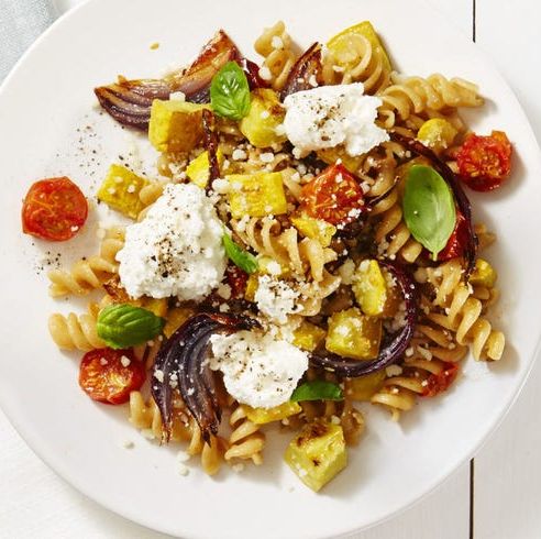 two cheese roasted veggie fusilli on a white plate