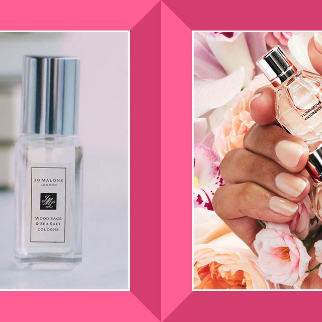 an image of two bottles of cologne on a table and an image of a hand holding two small perfume bottles with pink and light orange flowers around