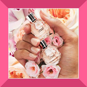 an image of two bottles of cologne on a table and an image of a hand holding two small perfume bottles with pink and light orange flowers around
