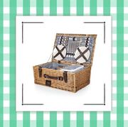 two picnic baskets on a seafoam green gingham background
