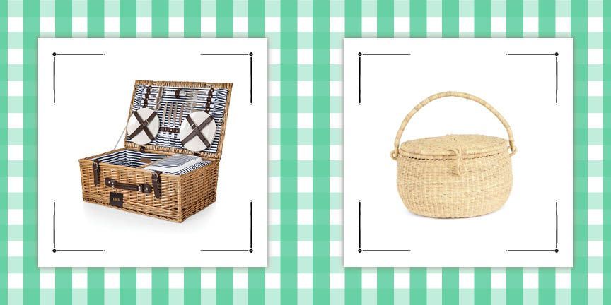 two picnic baskets on a seafoam green gingham background