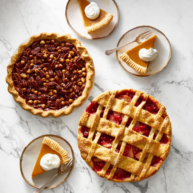sweet salted caramel nut pie, original pumpkin pie with maple whip, and cranberry pear lattice pie