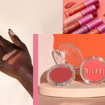 hands with shades of pigmented blush swatched on them, milani blush on display, a variety of juvias place blushed liquid blush