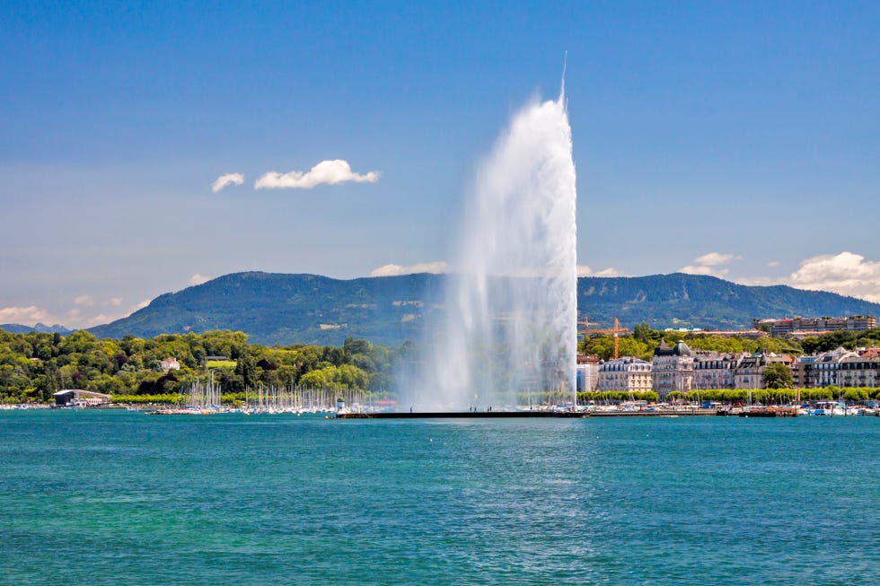 panorama of the southern lake geneva shore and of the famous jet deau water jet fontain canton geneva, switzerland