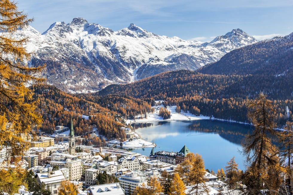view of st moritz, the famouse resort region for winter sprot, from the high hill with the first new snow