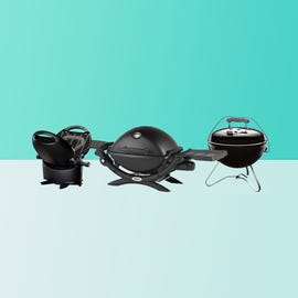 the nomadiq, weber traveler and weber smoky joe, pictured on a blue background, are three of good housekeeping's recommendations for best portable grills
