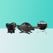 the nomadiq, weber traveler and weber smoky joe, pictured on a blue background, are three of good housekeeping's recommendations for best portable grills