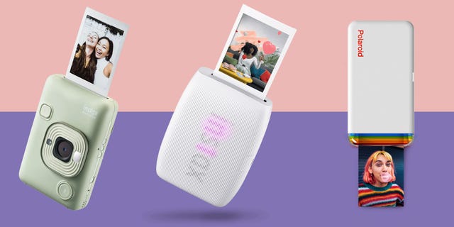 three portable photo printers and instant cameras showcasing their printed outputs
