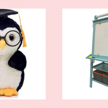 best preschool graduation gifts of 2024, a stuffed animal penguin with diploma and cap and a two sided art easel