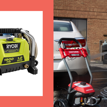 a hero image showing a ryobi pressure washer against a white backdrop on the left and a photograph of gear team member katherine keeler using a craftsman pressure washer on a white sedan on the right side of the image