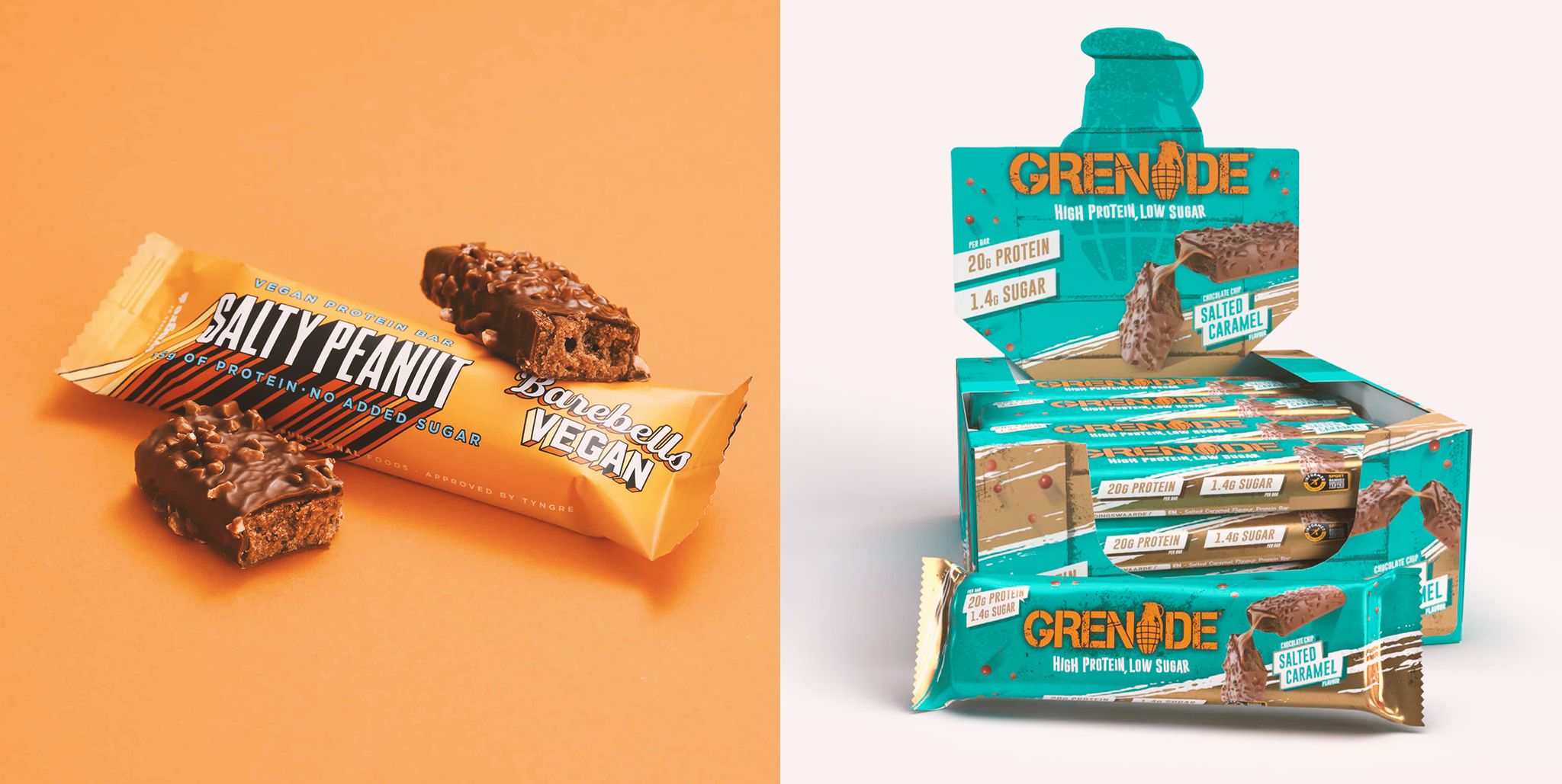 two different protein bars one from grenade and another from barebells