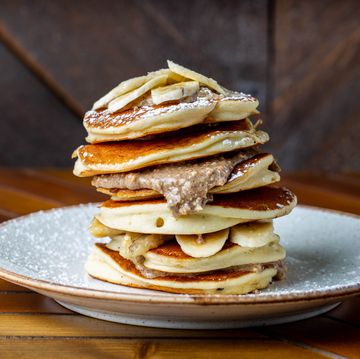 a closeup shot of peanut butter and banana protein pancakes