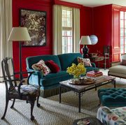 Living room, Room, Furniture, Interior design, Red, Property, Coffee table, Curtain, Couch, Home, 