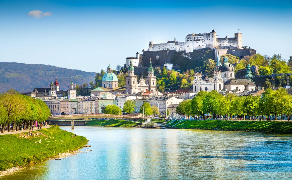 beautiful view of salzburg skyline with festung hohensalzburg and salzach river in summer, salzburg, salzburger land, austria