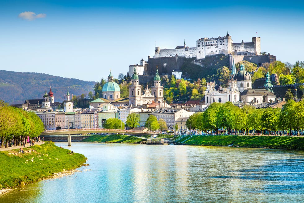 Historic town of Salzburg with Salzach river in summer, Austria beautiful view of salzburg skyline with festung hohensalzburg and salzach river in summer, salzburg, salzburger land, austria