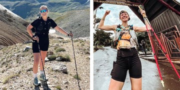two images of an athlete in outdoor settings showcasing trekking and a national park entrance