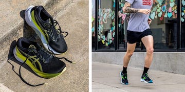 running shoes and a person running outside