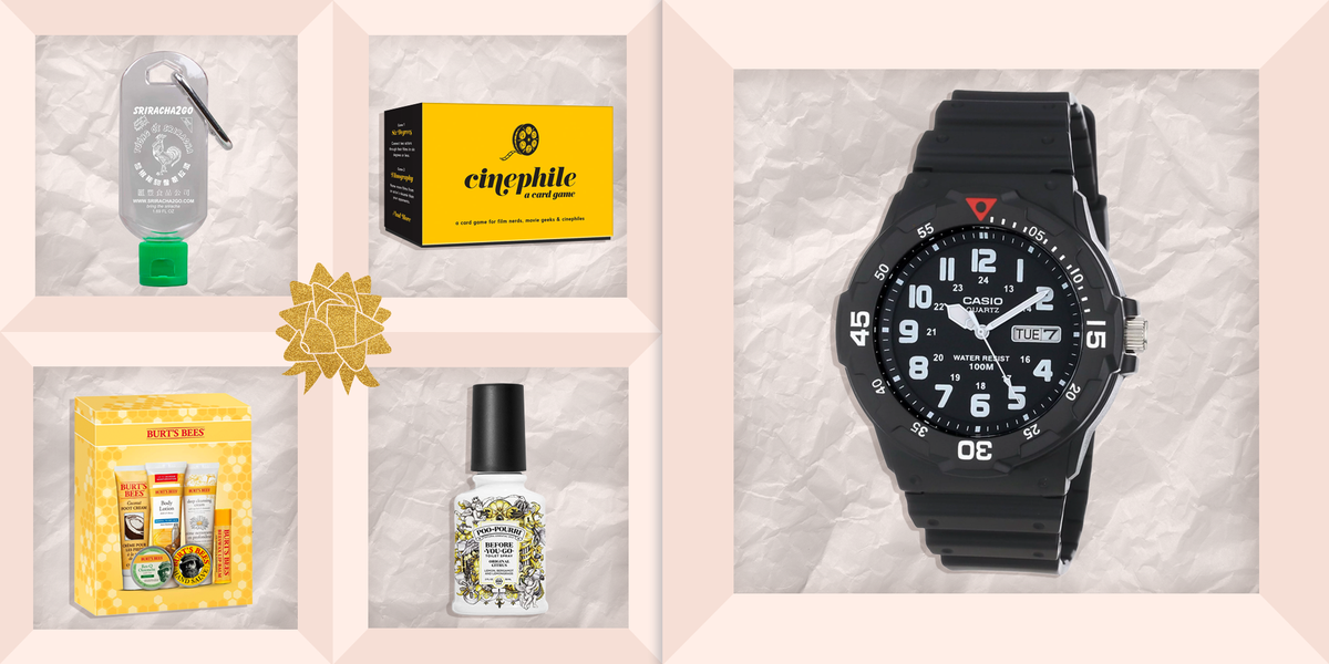 best secret santa gifts including card games, sriracha keychain bottles, before you go bathroom spray, burts bees gift set, watches, and more