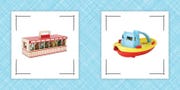 a horse stable toy and a tugboat toy