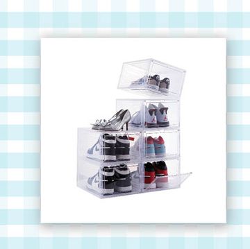 clear hinge front stackable boxes for shoe storage and over the door rack