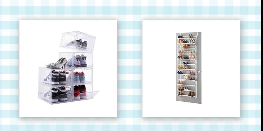clear hinge front stackable boxes for shoe storage and over the door rack