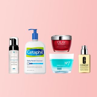 skincare products on pink background