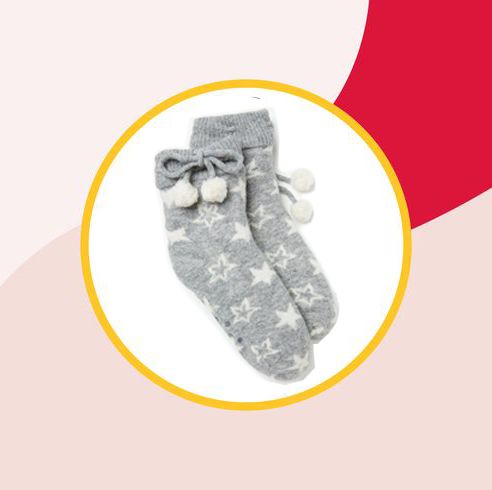 Lemon Ladies Knit Faux-Sherling Lined Gripper Slipper Socks Ballerina Pom  Grey