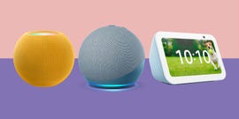 a composite image of smart speakers and displays on a coloured background