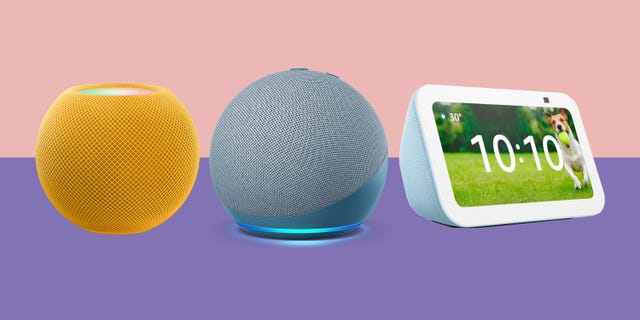 a composite image of smart speakers and displays on a coloured background