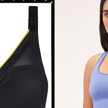 a woman wearing a blue tank top and a photo of a black sports bra