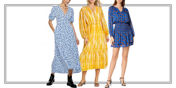 Clothing, Day dress, Dress, Yellow, Fashion model, Fashion, Pattern, Outerwear, Sleeve, Footwear, 