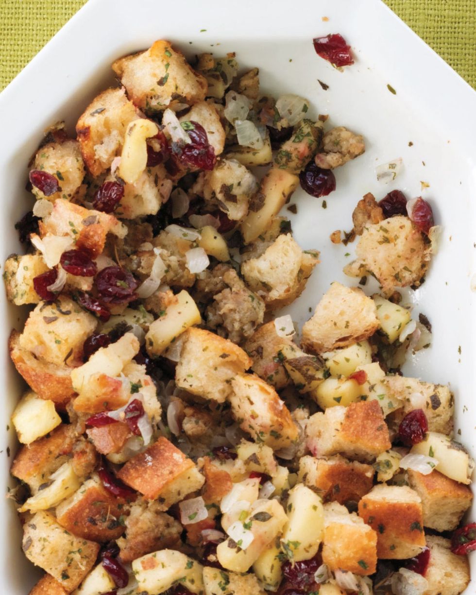 sourdough stuffing with sausage, cranberries, and apples