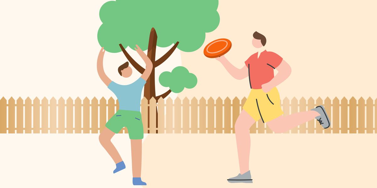 illustration of man playing frisbee with kid