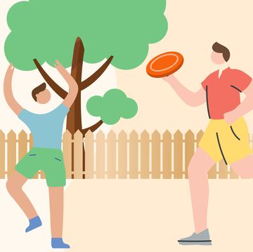 illustration of man playing frisbee with kid