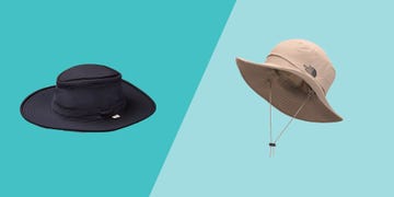 two sun hats in front of two blue shapes