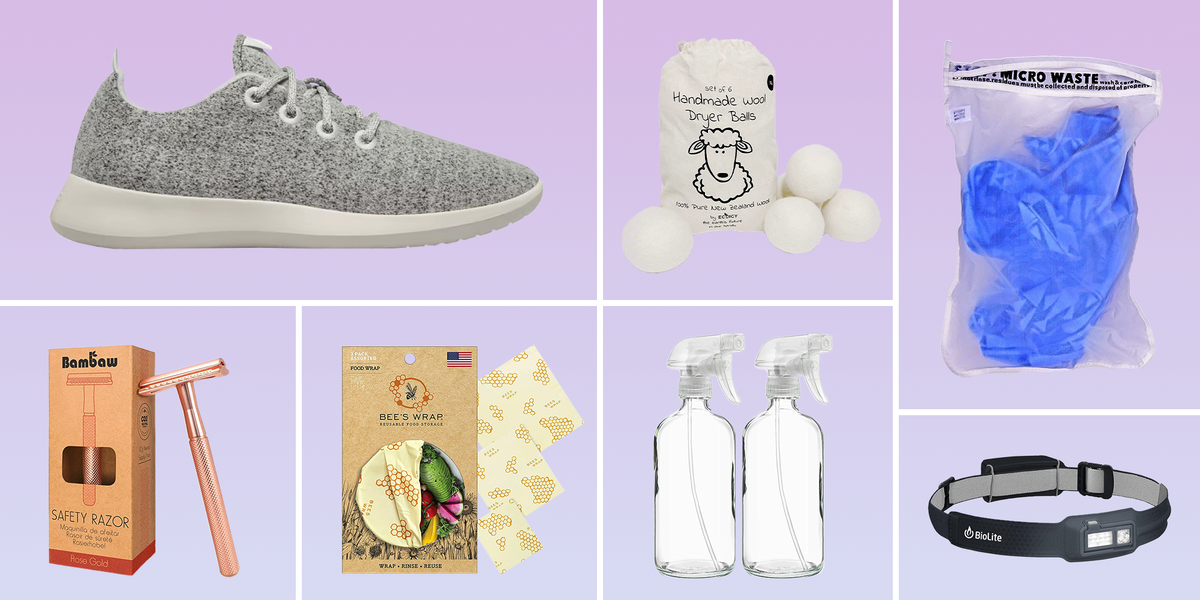 sustainable gifts such as sneakers, food wrap, razors, rechargeable headlamps, dyer balls, glass spray bottles, and more