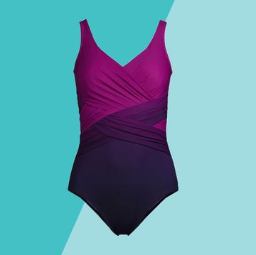 three swimsuits for women over 50 in front of two blue shapes