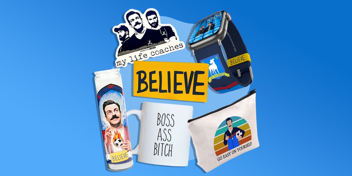 ted lasso themed gifts such as candles, mugs, stickers, signs, watchbands, and more
