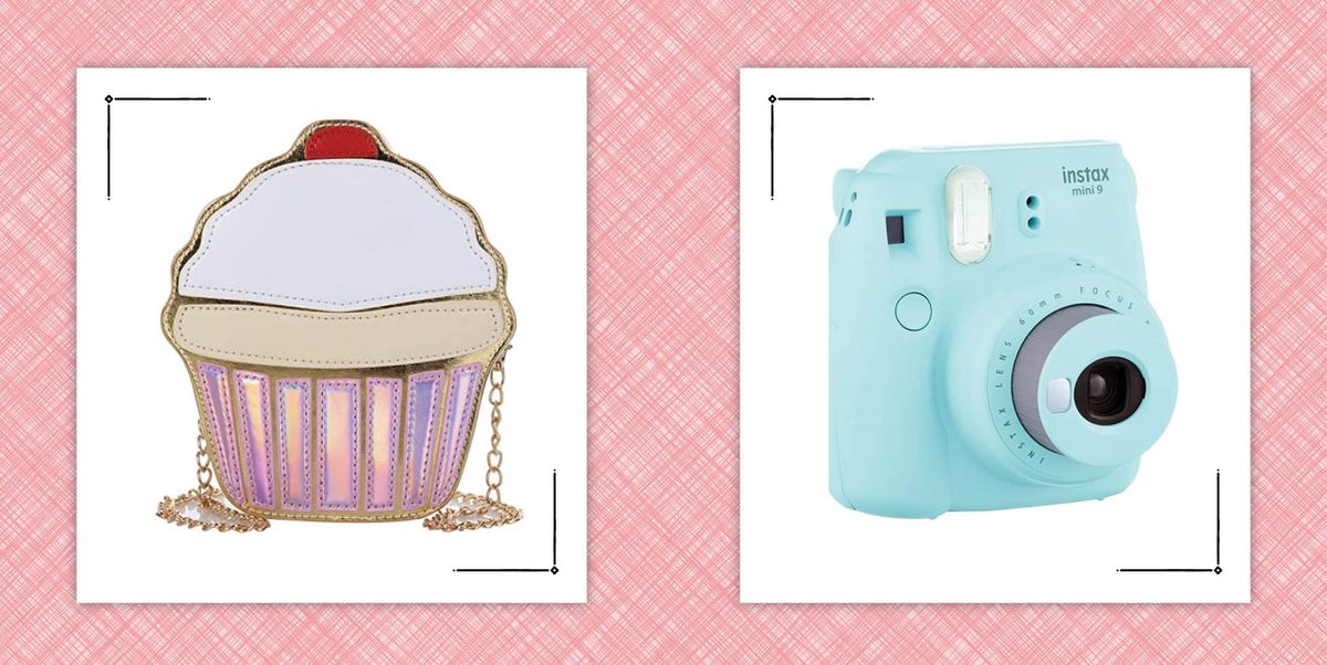 a cupcake purse and aqua instant camera