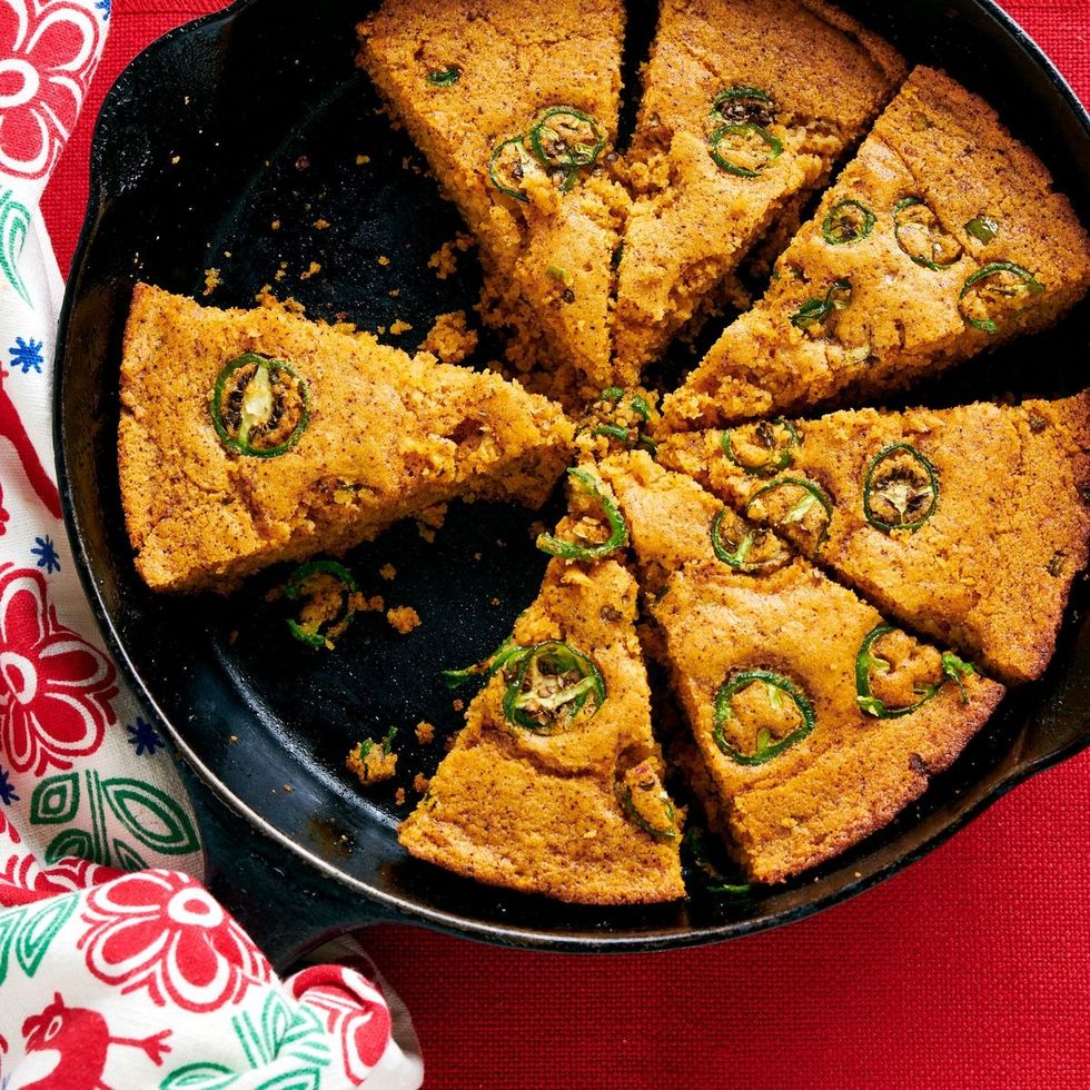 jalapeno cornbread in cast iron red surface