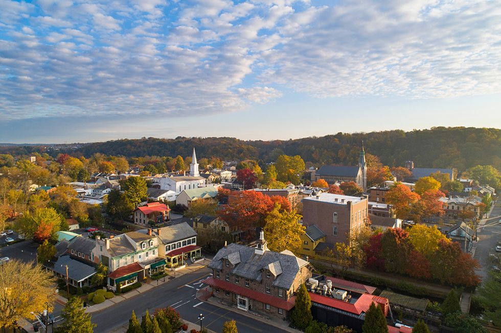 aerial view of lambertville new jersey a city with many buildings and trees