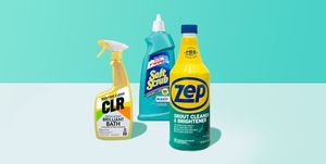 tile grout cleaners on blue backround clr, soft scrub and zep bottles