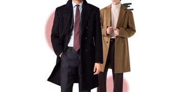 mens overcoats worn by two models one in black and the other in brown