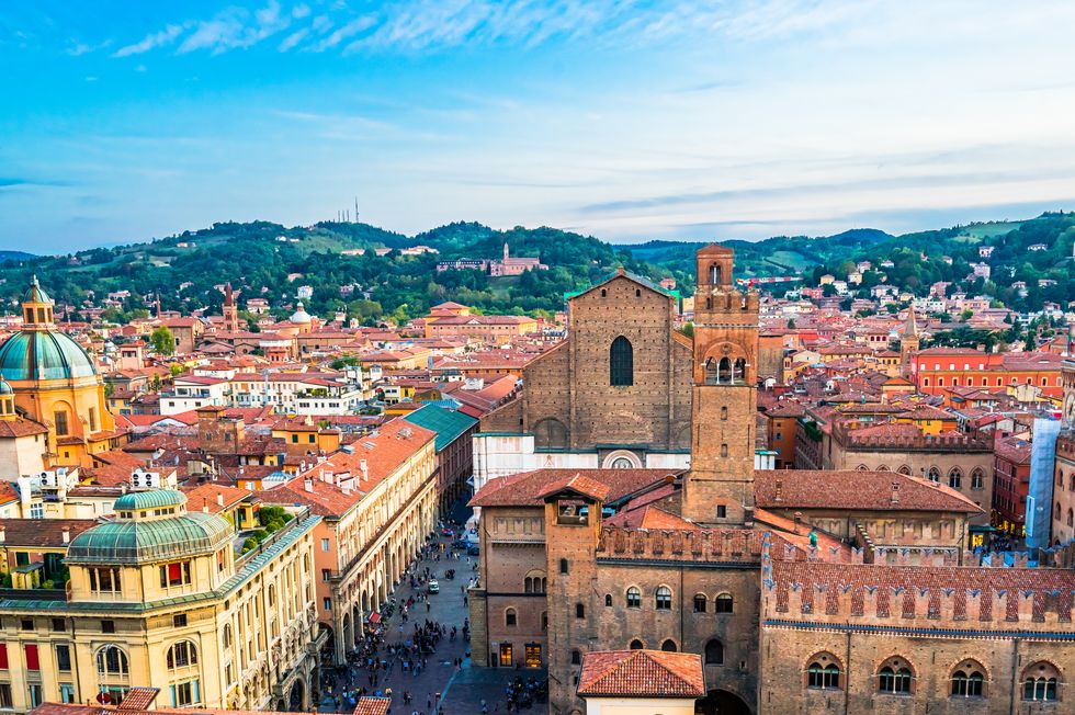 aerial view of bologna cathedral and towers above of the roofs of old town in medieval city bologna high quality photo