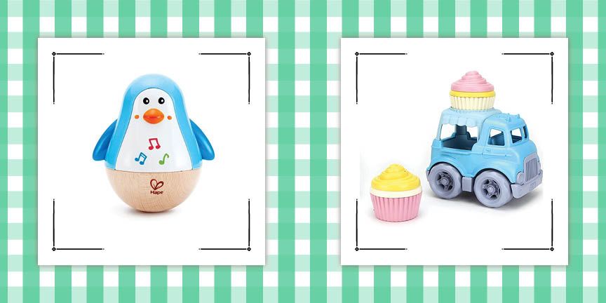 penguin wobbler toy and cup cake truck toy with green gingham border