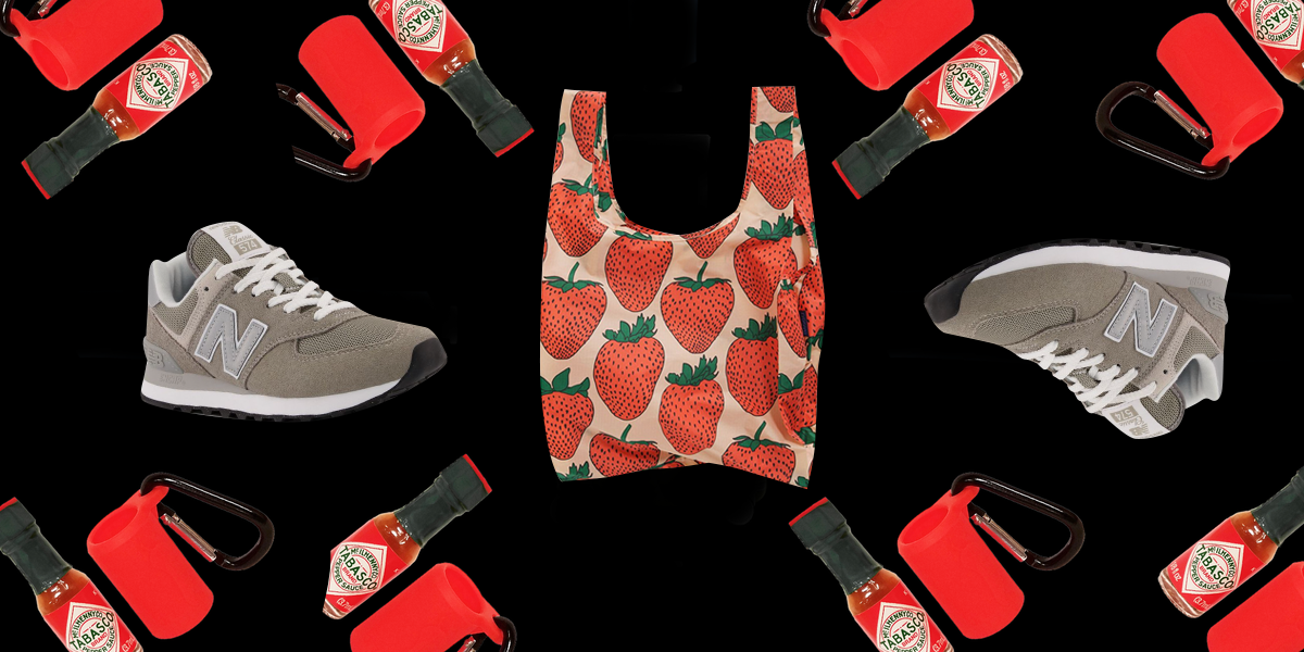 baggu bag, tennis shoes and hot sauce collage