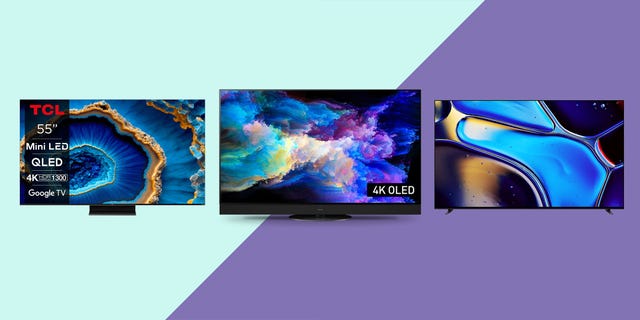 three different models of televisions showcasing various display technologies