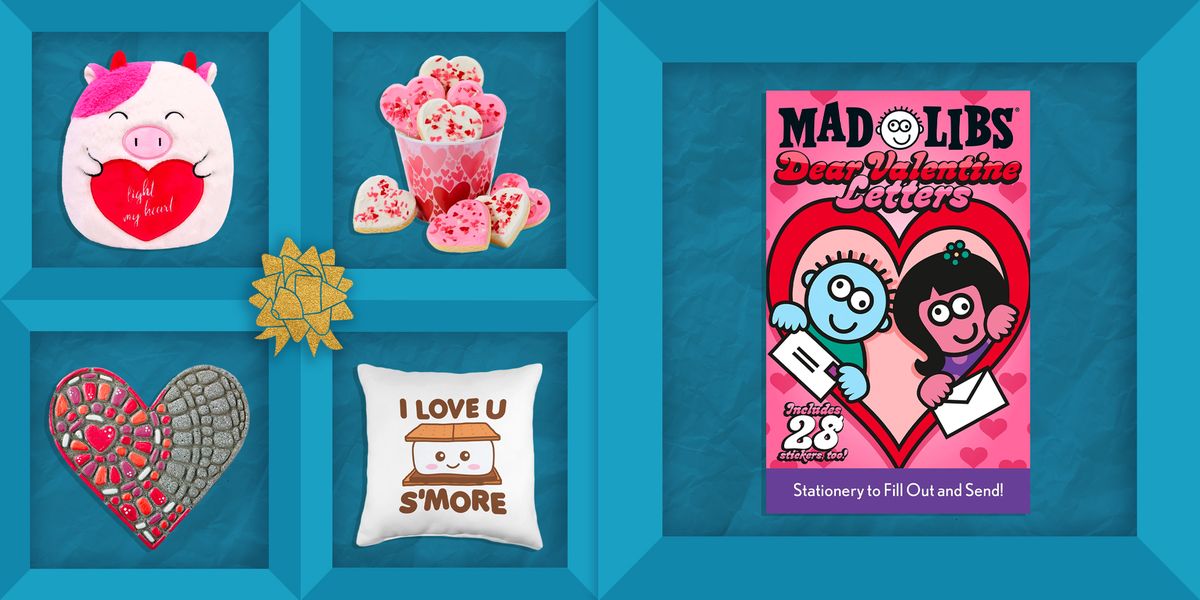 best valentine's day gifts for kids including stuffed animals, heart shaped cookies, paint your own stepping stone heart, i love you smore pillows, mad libs valentines edition, and more