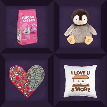 hugs and kisses hershey chocolate, penguin stuffed animal, mad libs dear valentine letters, i love you smore pillow, heart cement stone kit
