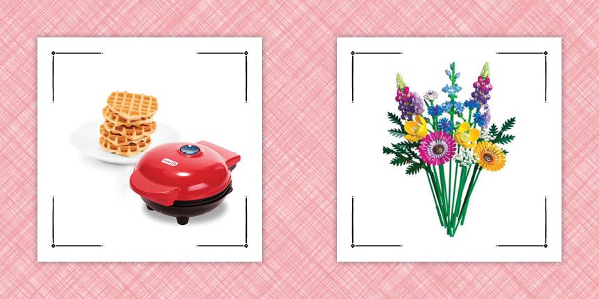 dash heart waffle maker and lego flower bouquet